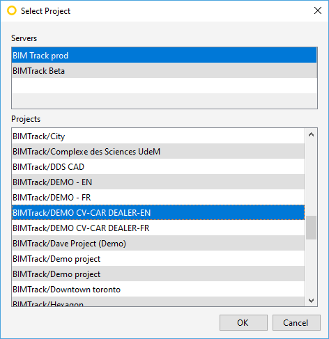 Selecting the BIM Track Server and Project to Sync With