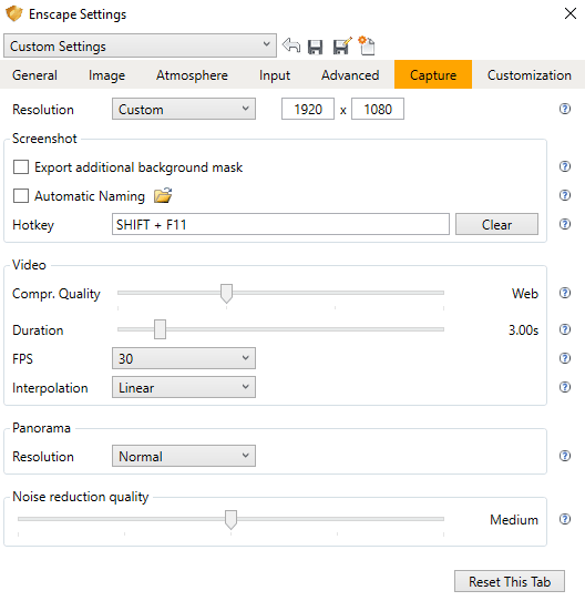 Enscape Settings - Capture Tab