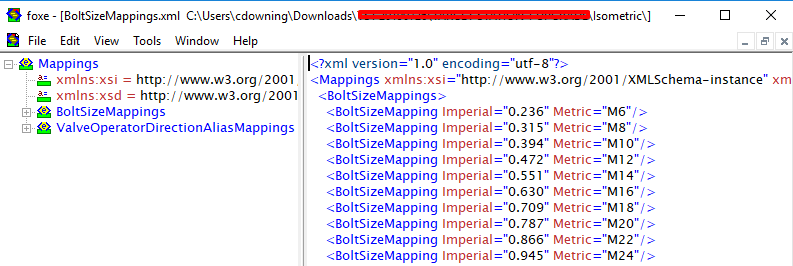 Bolt Size Mappings in XML