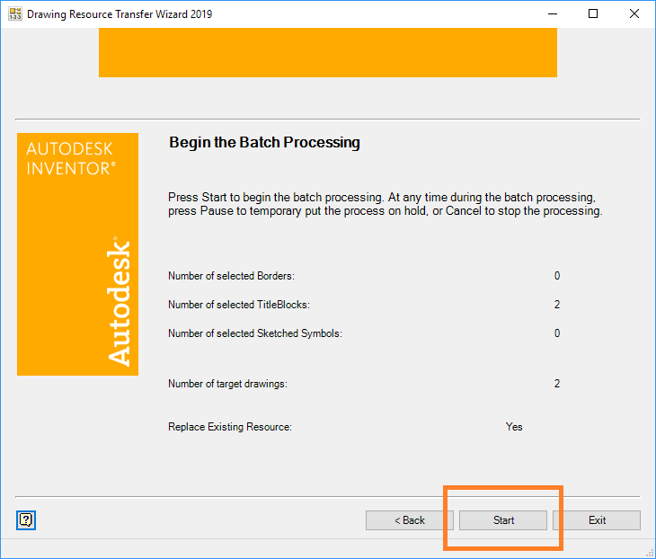 Drawing Resource Transfer Wizard - Begin Processing