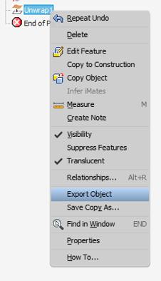 Inventor Unwrap Export Object Menu