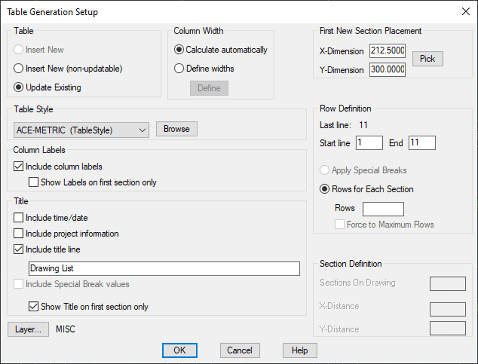 Table Generation Setup Screen