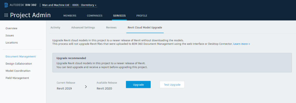 Showing where to find the option to upgrade a Revit project in BIM 360 Docs